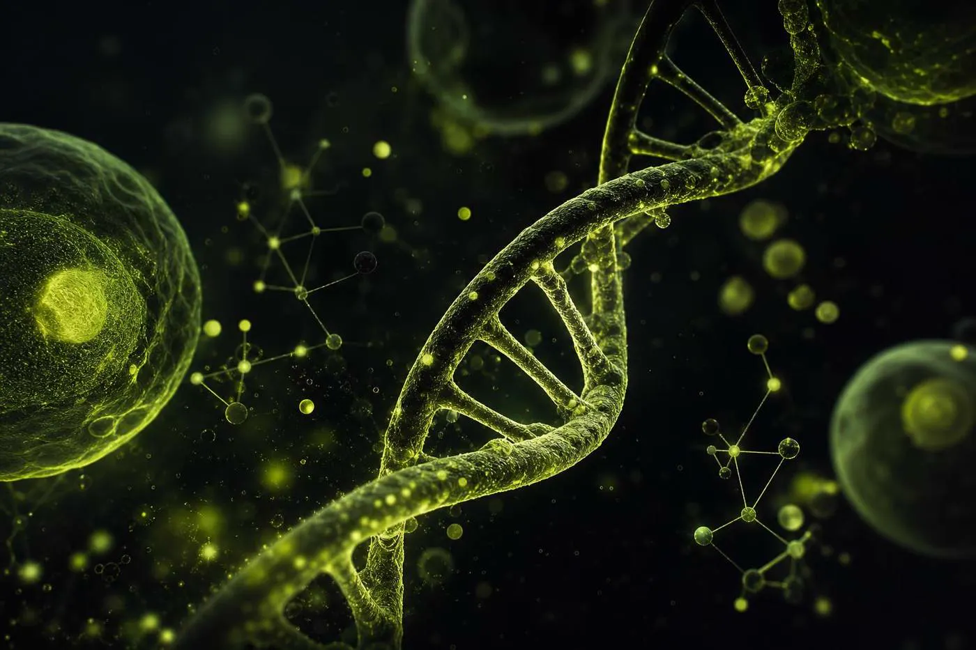 Glowing DNA double helix with molecular structures